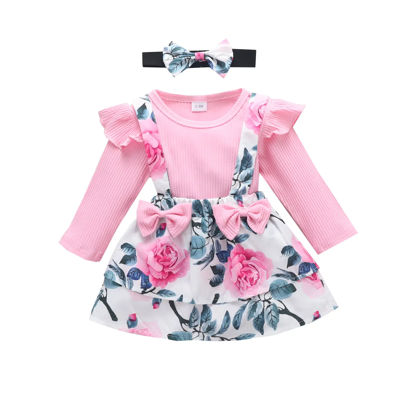 Pink Floral Ruffled Dress Set for Baby Girls - Image 7