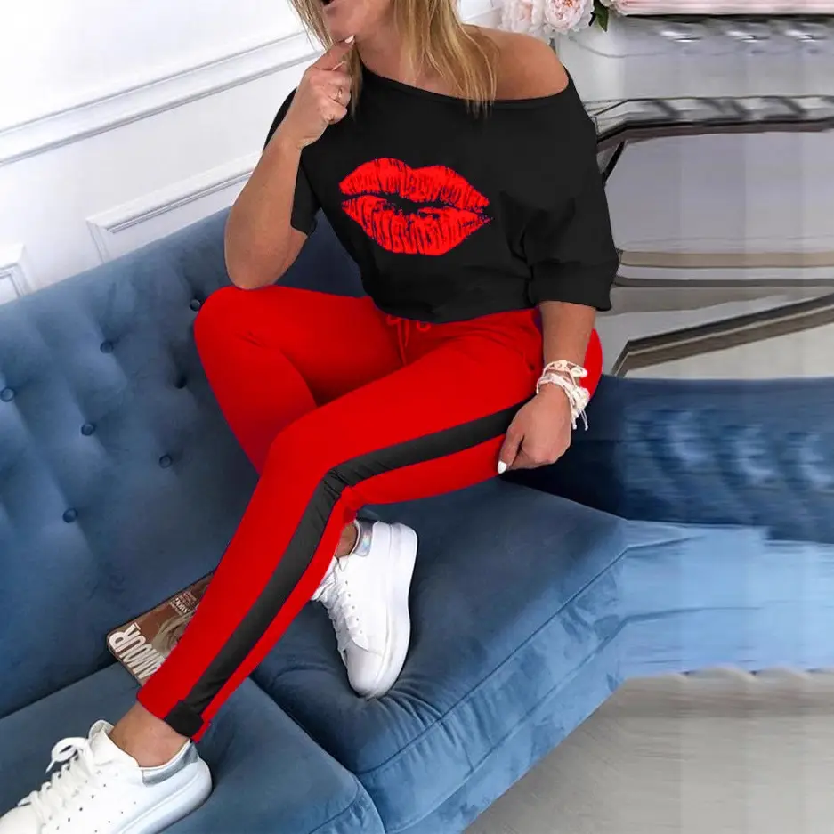 2021 Black Lip Print Crew Neck Trousers Set Yellow - Image 7
