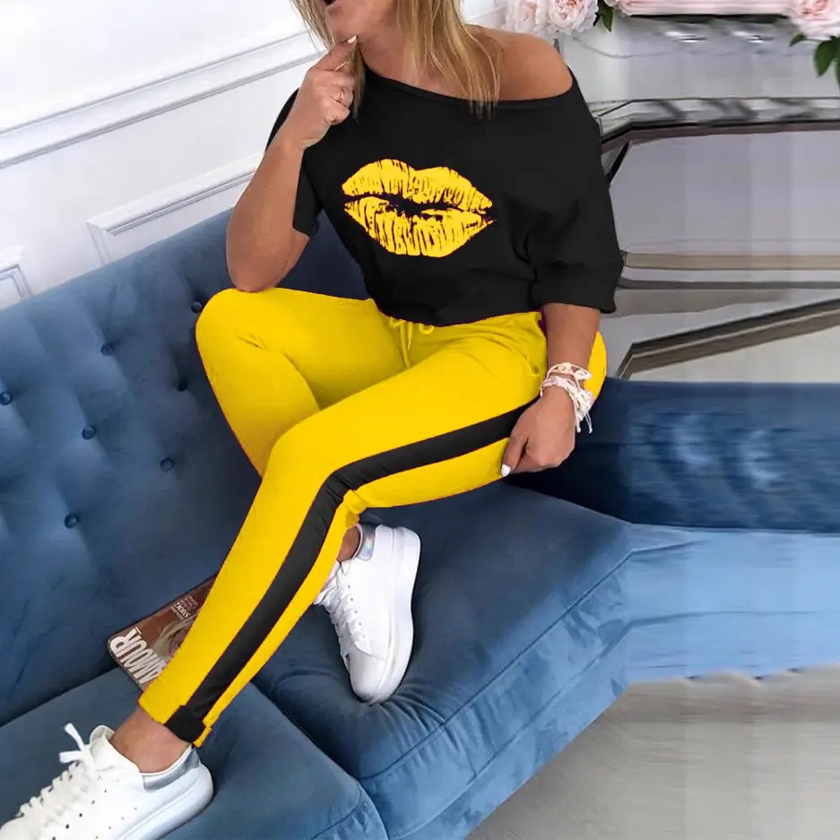2021 Black Lip Print Crew Neck Trousers Set Yellow - Image 8