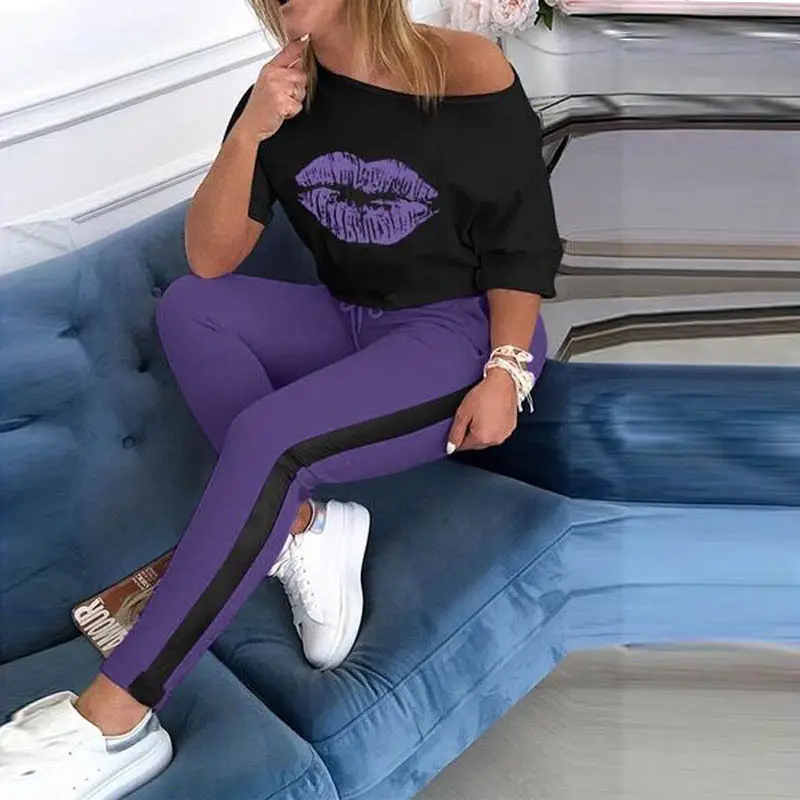 2021 Black Lip Print Crew Neck Trousers Set Yellow - Image 2