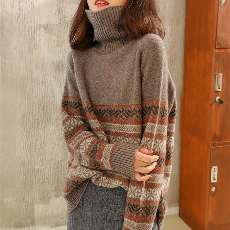 Women's Autumn Winter High Collar Jacquard Sweater - Image 3