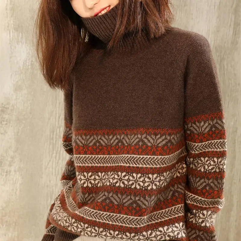 Women's Autumn Winter High Collar Jacquard Sweater - Image 4
