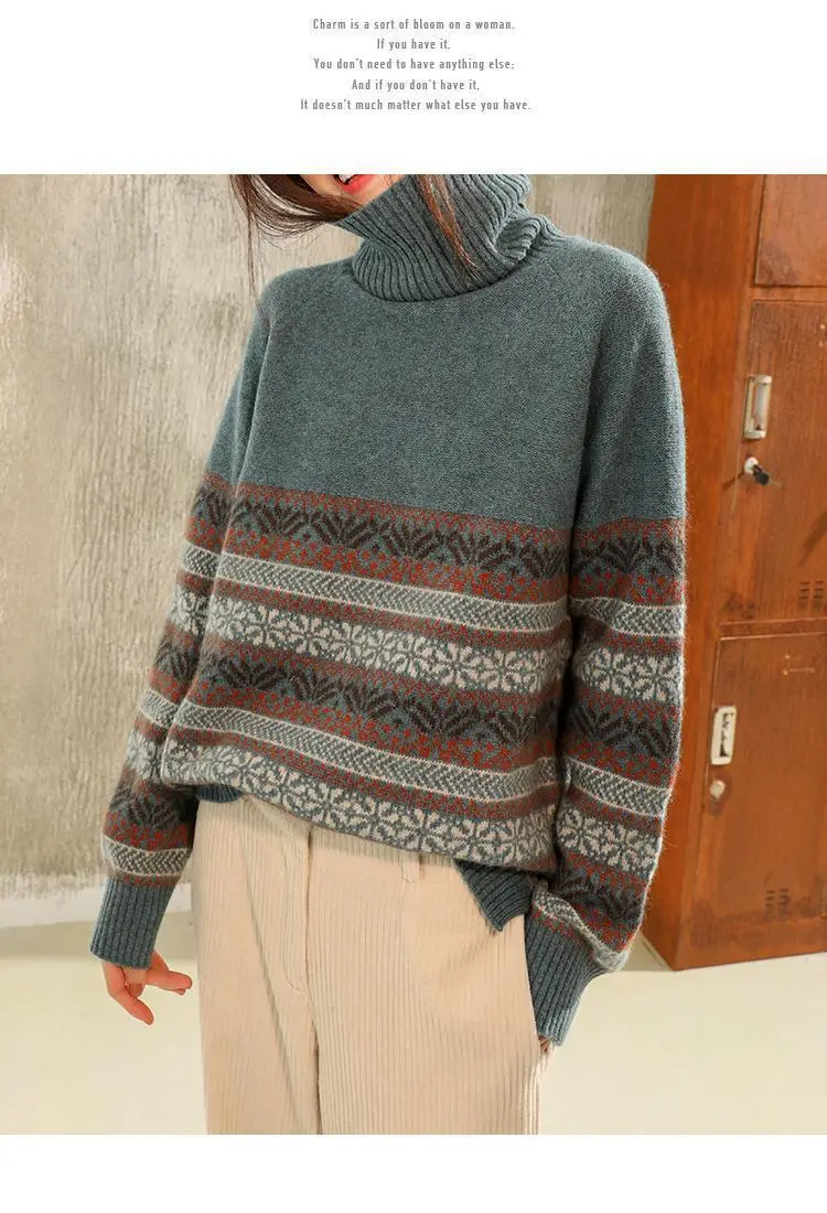 Women's Autumn Winter High Collar Jacquard Sweater — feature 12