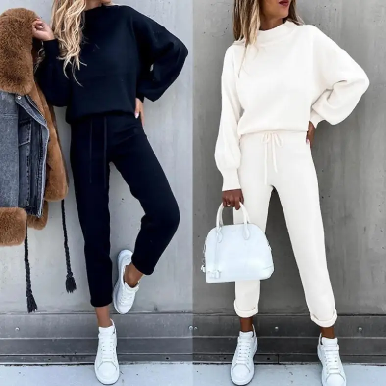 2021 Women Sweatshirt Set Beige High Collar Trousers - Image 7