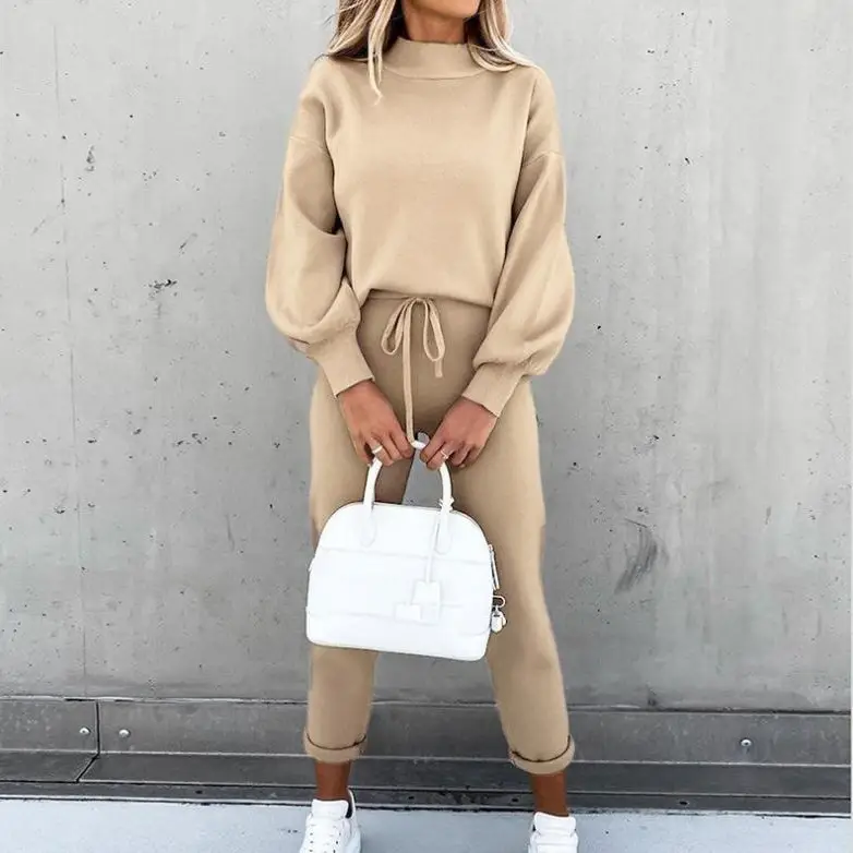 2021 Women Sweatshirt Set Beige High Collar Trousers - Image 10