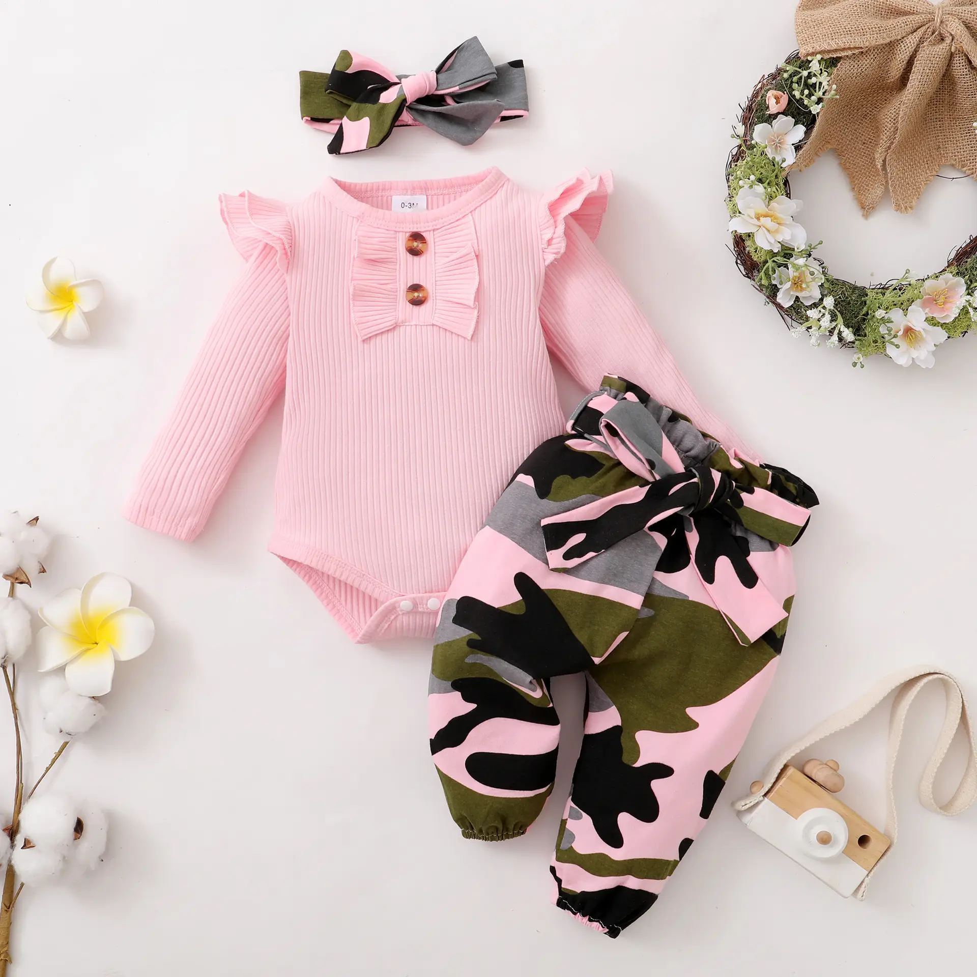 Girls Pink Knitted Long Sleeve Top with Camouflage Pants