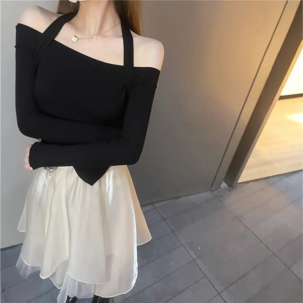Black High-Waist French Style Skirt with Mesh Flared Design