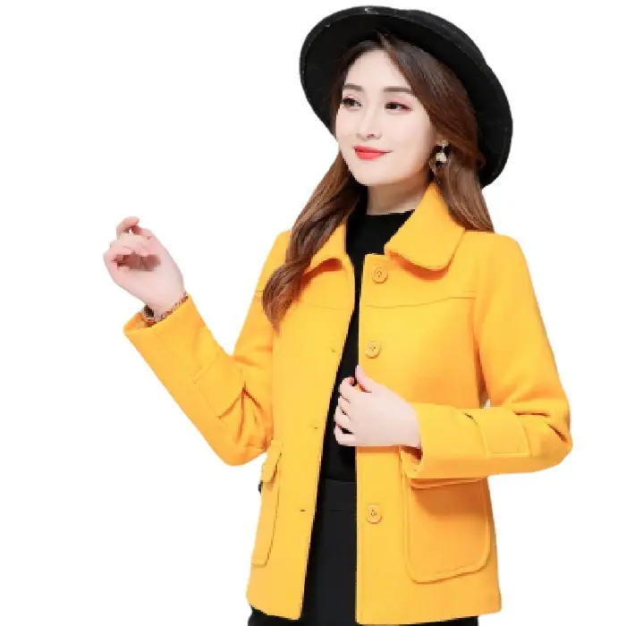 Women Woolen Short Coat Yellow 2021 Winter Elegant - Image 9