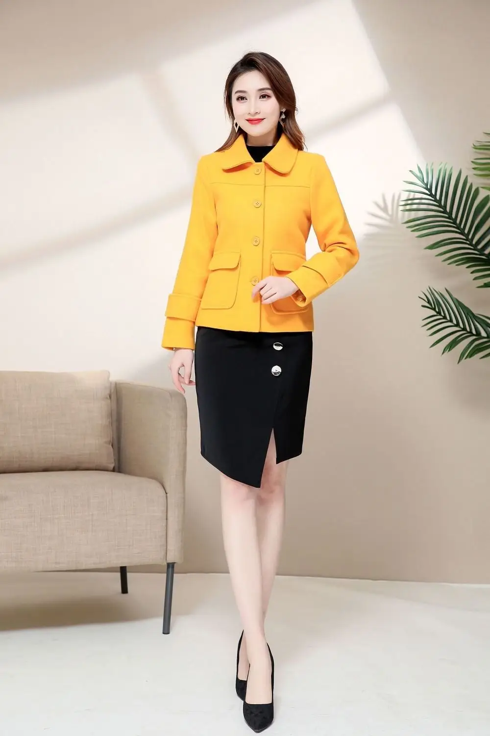 Women Woolen Short Coat Yellow 2021 Winter Elegant — feature 10