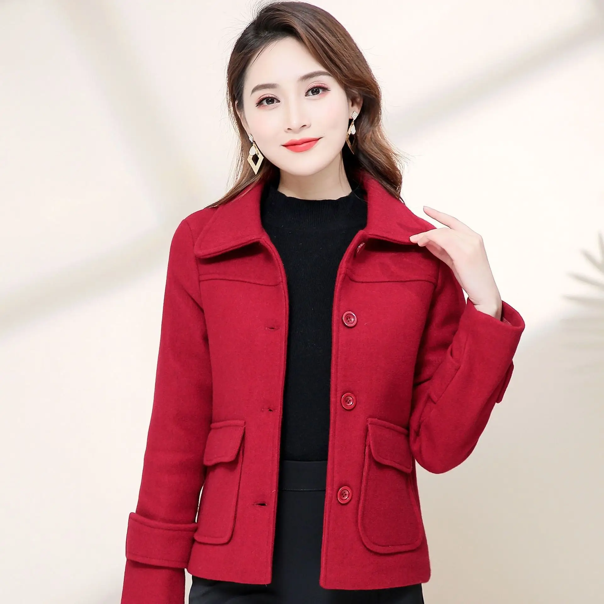 Women Woolen Short Coat Yellow 2021 Winter Elegant — feature 2