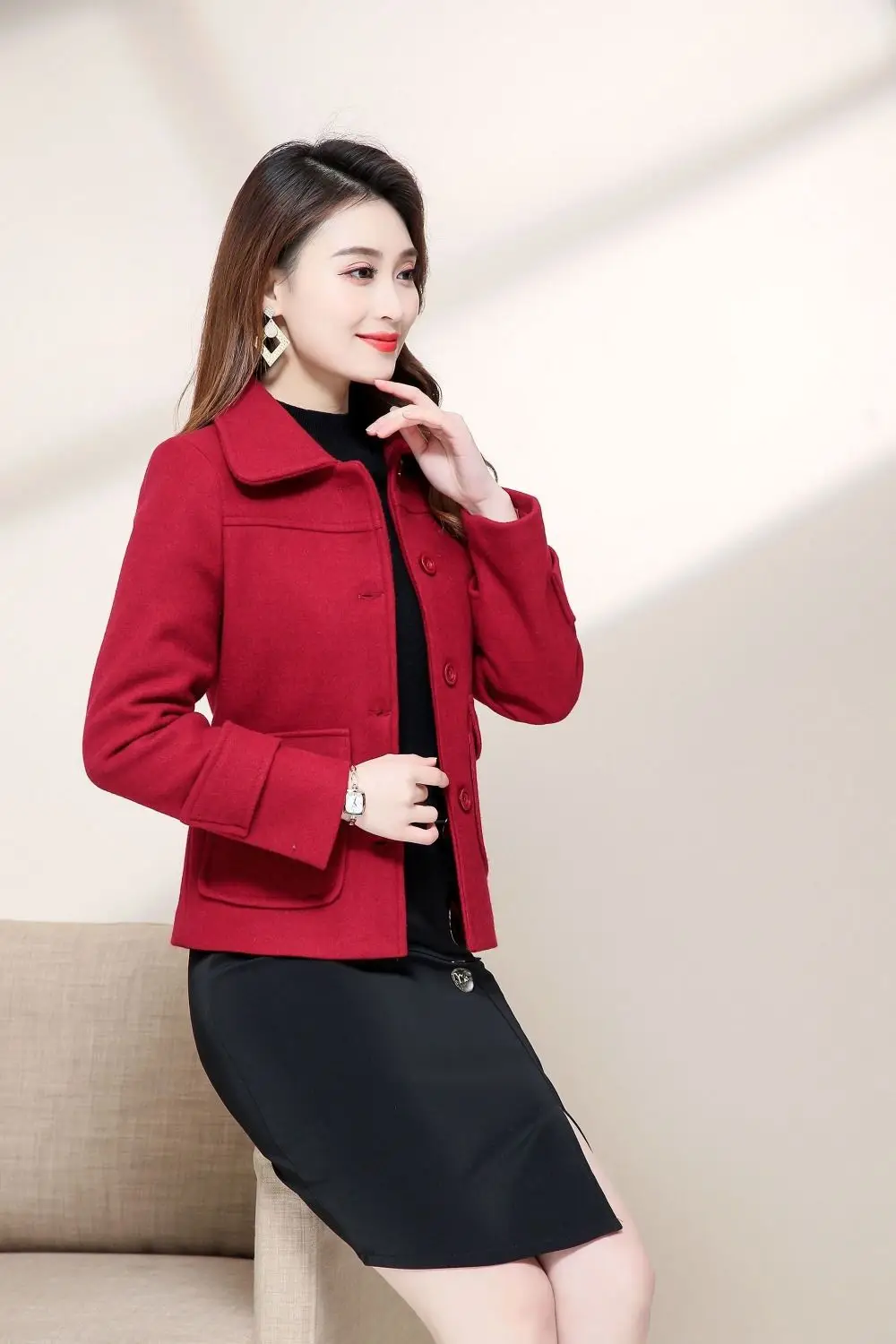 Women Woolen Short Coat Yellow 2021 Winter Elegant — feature 3