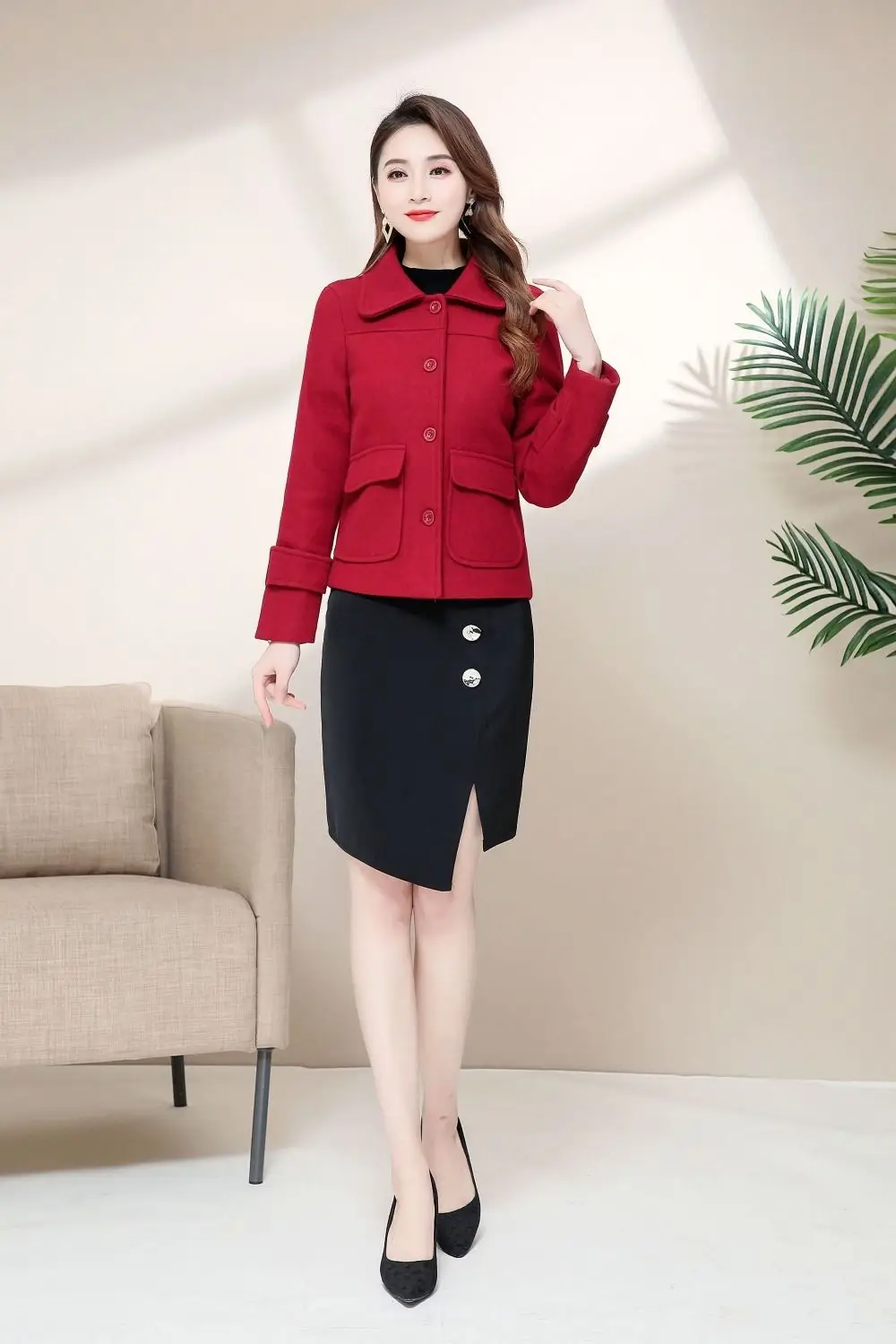 Women Woolen Short Coat Yellow 2021 Winter Elegant — feature 4