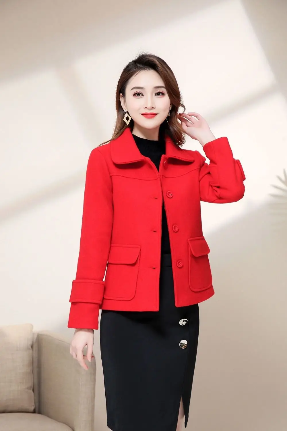 Women Woolen Short Coat Yellow 2021 Winter Elegant — feature 6