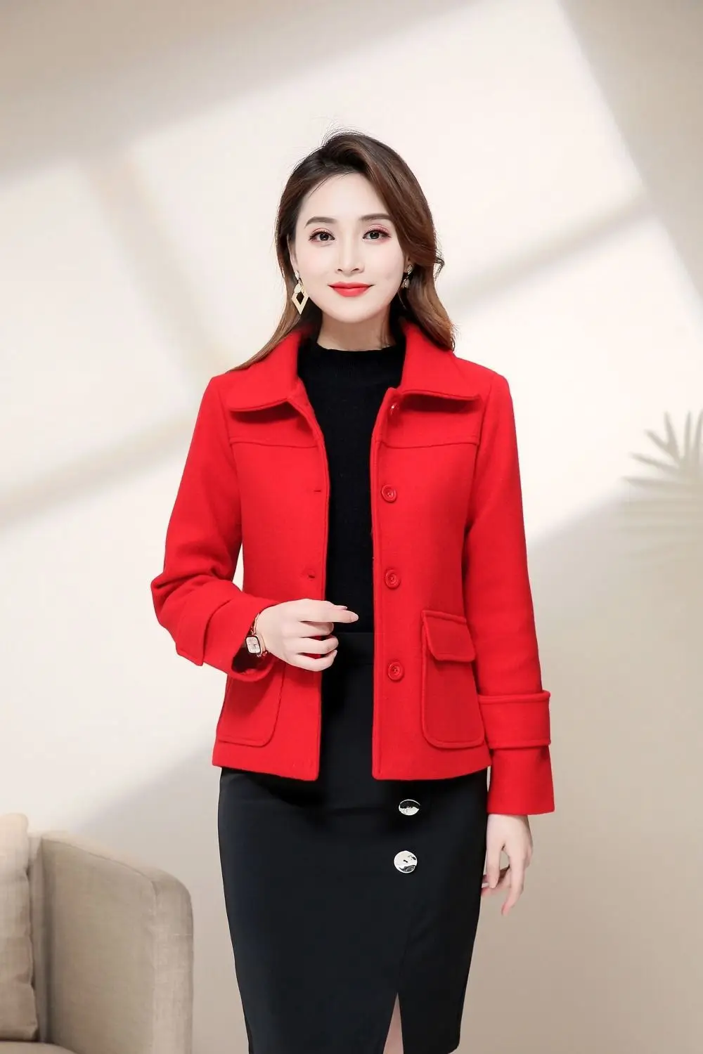Women Woolen Short Coat Yellow 2021 Winter Elegant — feature 7