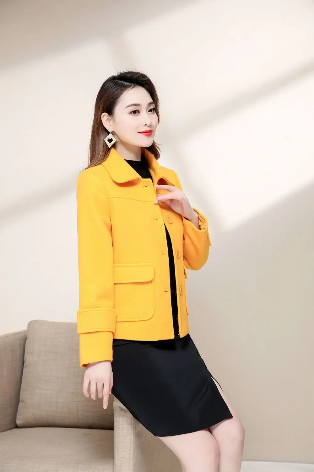 Women Woolen Short Coat Yellow 2021 Winter Elegant — feature 8