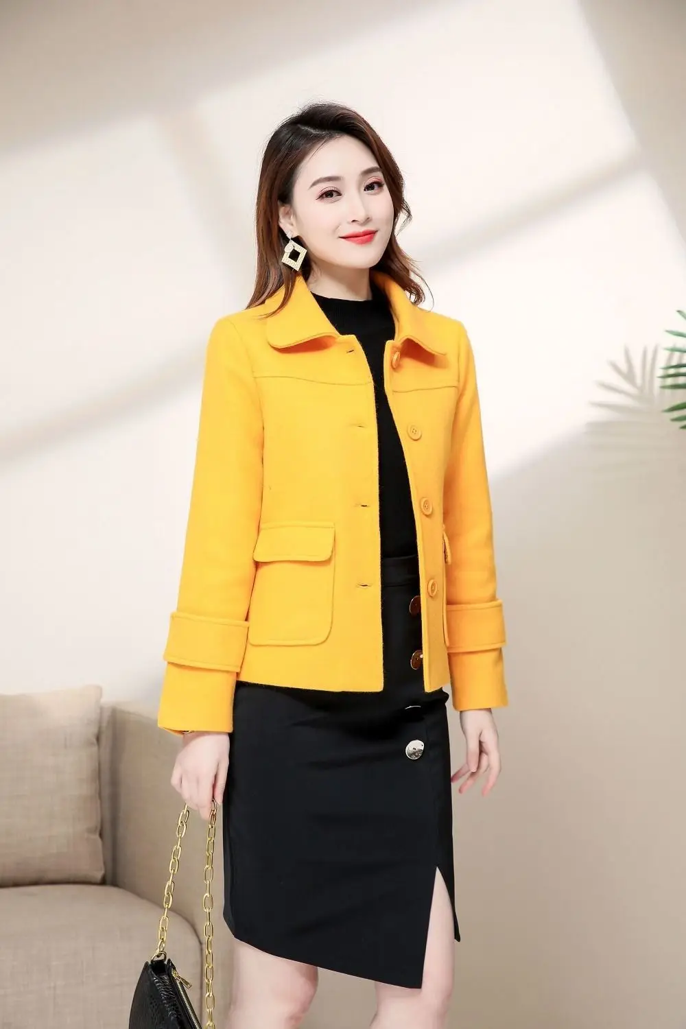 Women Woolen Short Coat Yellow 2021 Winter Elegant — feature 9