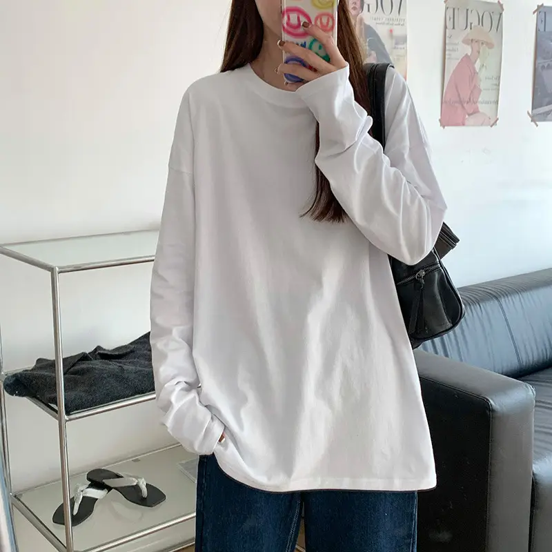 Women Fleece Long Sleeve White T-Shirt Winter Warm Loose Fit - Image 5