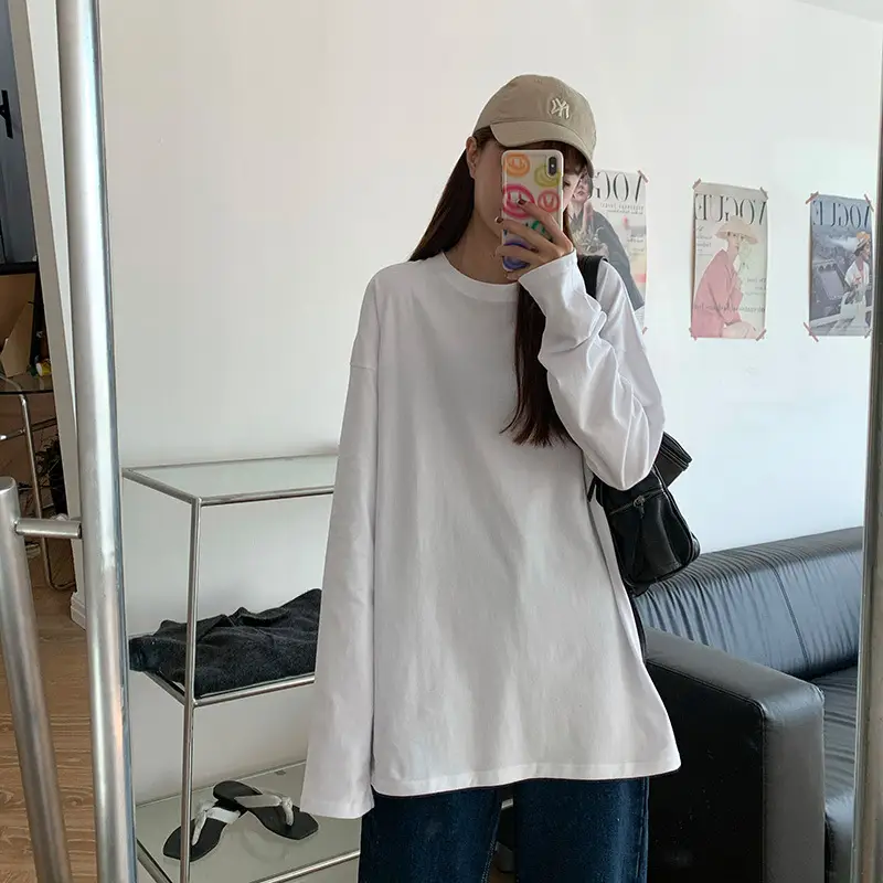 Women Fleece Long Sleeve White T-Shirt Winter Warm Loose Fit - Image 9