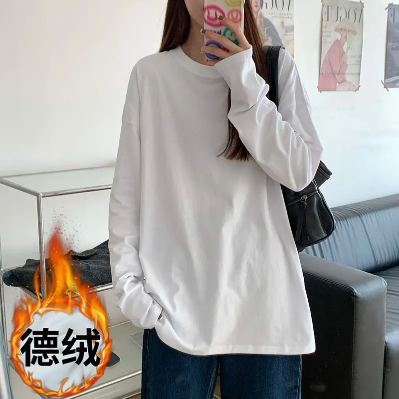 Women Fleece Long Sleeve White T-Shirt Winter Warm Loose Fit - Image 2