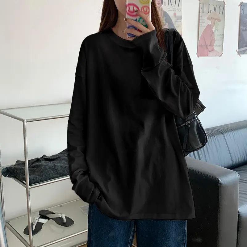 Women Fleece Long Sleeve White T-Shirt Winter Warm Loose Fit - Image 3