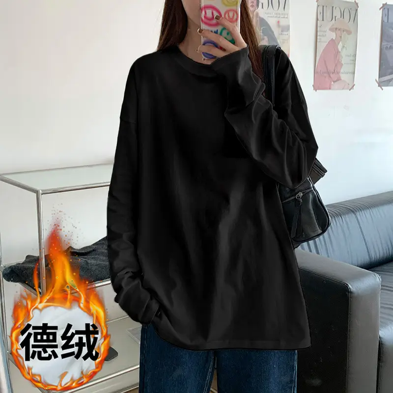 Women Fleece Long Sleeve White T-Shirt Winter Warm Loose Fit - Image 4