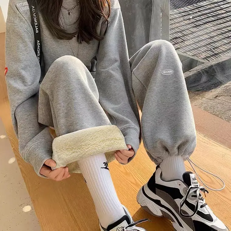 Women Winter Thick Grey Fleece Wide Leg Pants