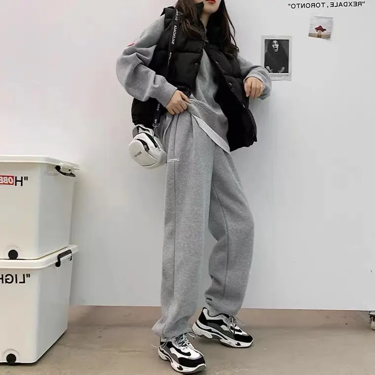 Women Winter Thick Grey Fleece Wide Leg Pants
