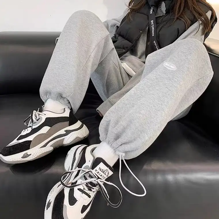 Women Winter Thick Grey Fleece Wide Leg Pants