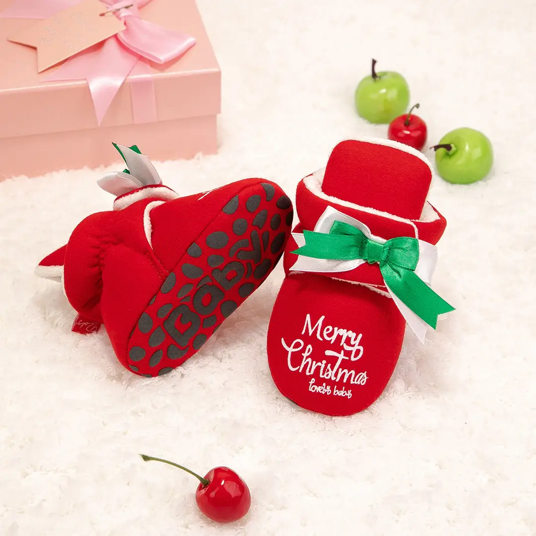 2022 Winter New Red Christmas Bow Socks Shoes Soft Sole Anti-Slip Warm Baby Shoes Baby Shoes - Image 3