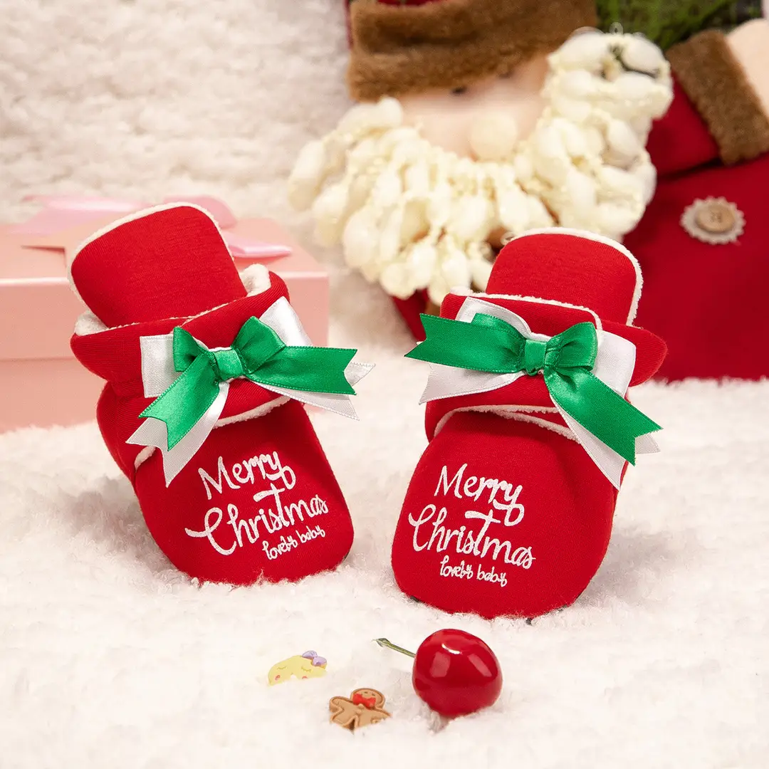 2022 Winter New Red Christmas Bow Socks Shoes Soft Sole Anti-Slip Warm Baby Shoes Baby Shoes - Image 4