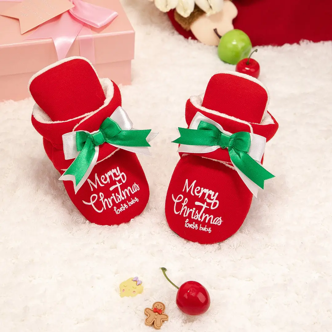 2022 Winter New Red Christmas Bow Socks Shoes Soft Sole Anti-Slip Warm Baby Shoes Baby Shoes - Image 5