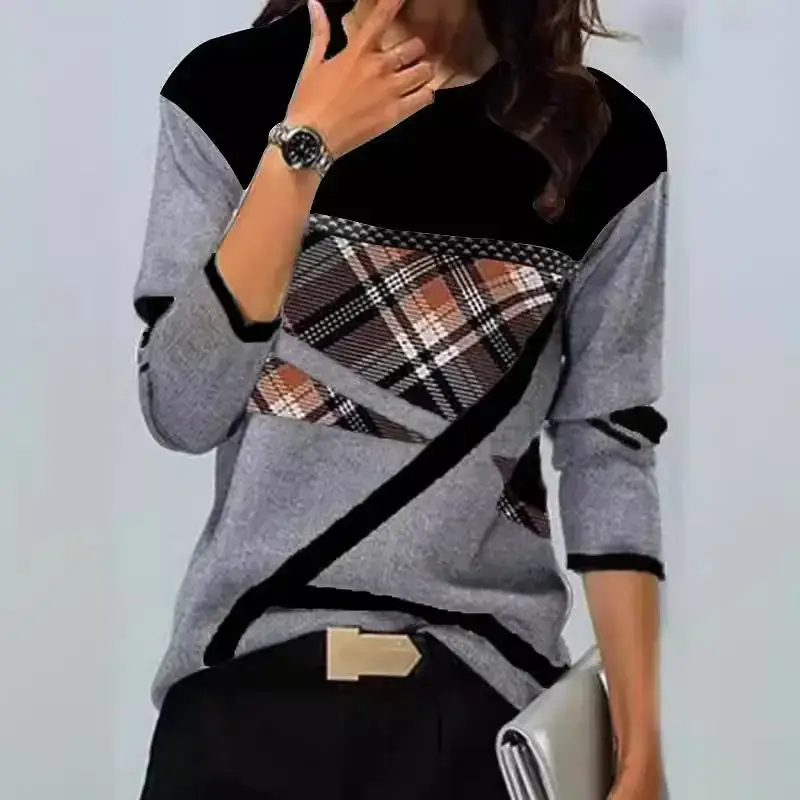 2022 Cross-Body Plaid T-Shirt Women Maroon Black - Image 7