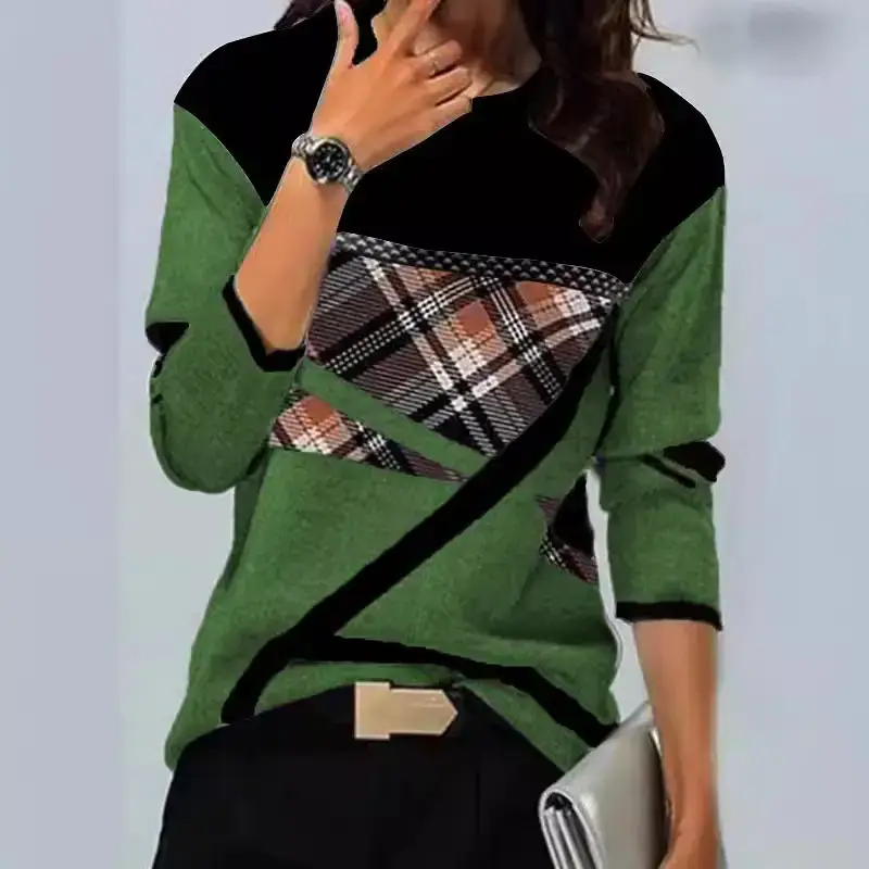 2022 Cross-Body Plaid T-Shirt Women Maroon Black - Image 9