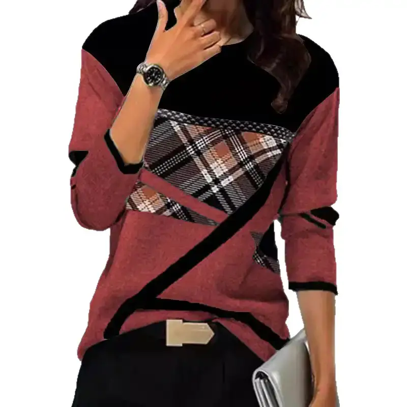 2022 Cross-Body Plaid T-Shirt Women Maroon Black - Image 10