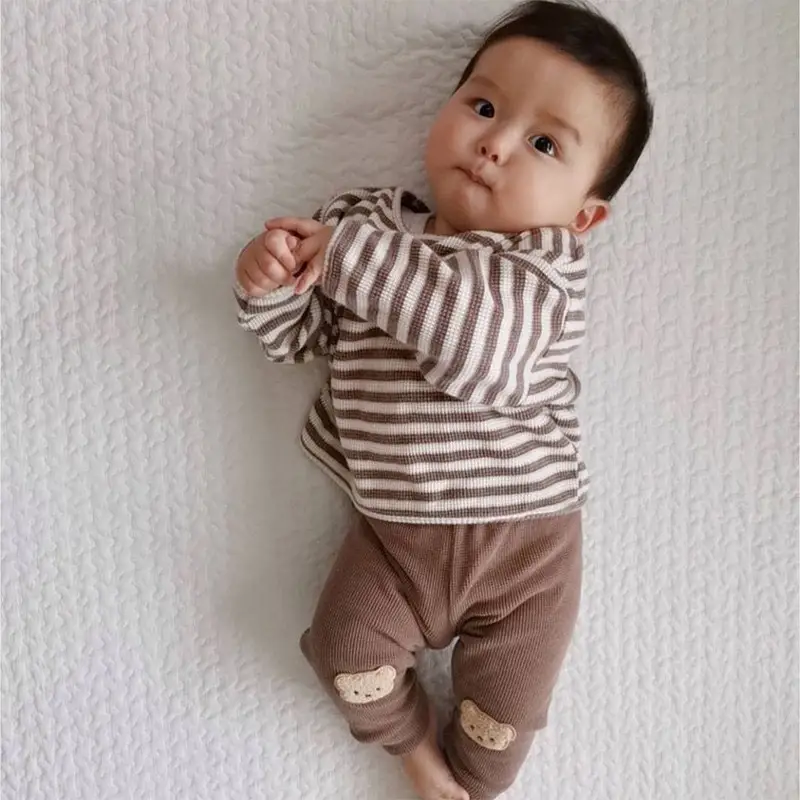 Baby Striped Trousers Brown Cotton Leggings Set - Image 3