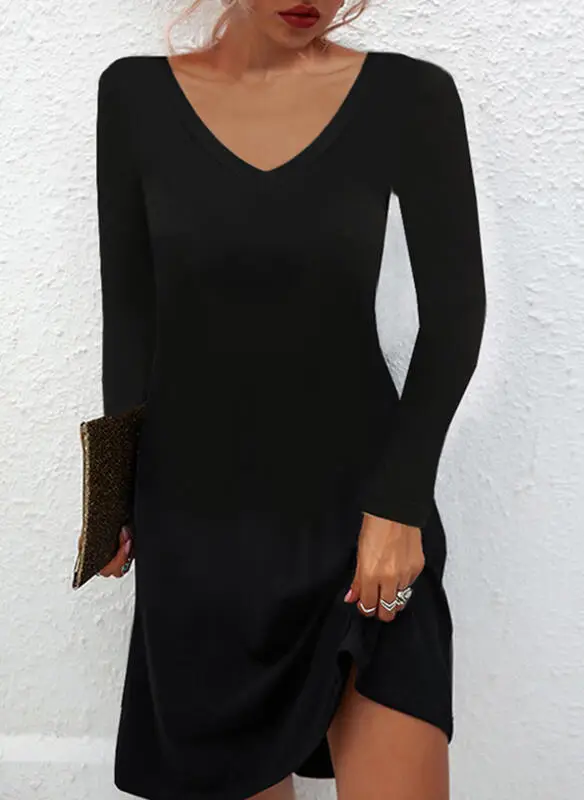 Women Black V-Neck Long Sleeve Dress with High Waist Shorts