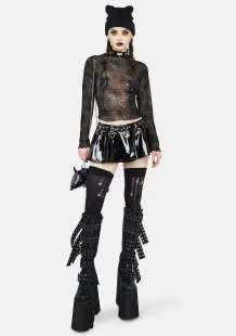 Women Black V-Neck Long Sleeve Dress with High Waist Shorts — feature 8