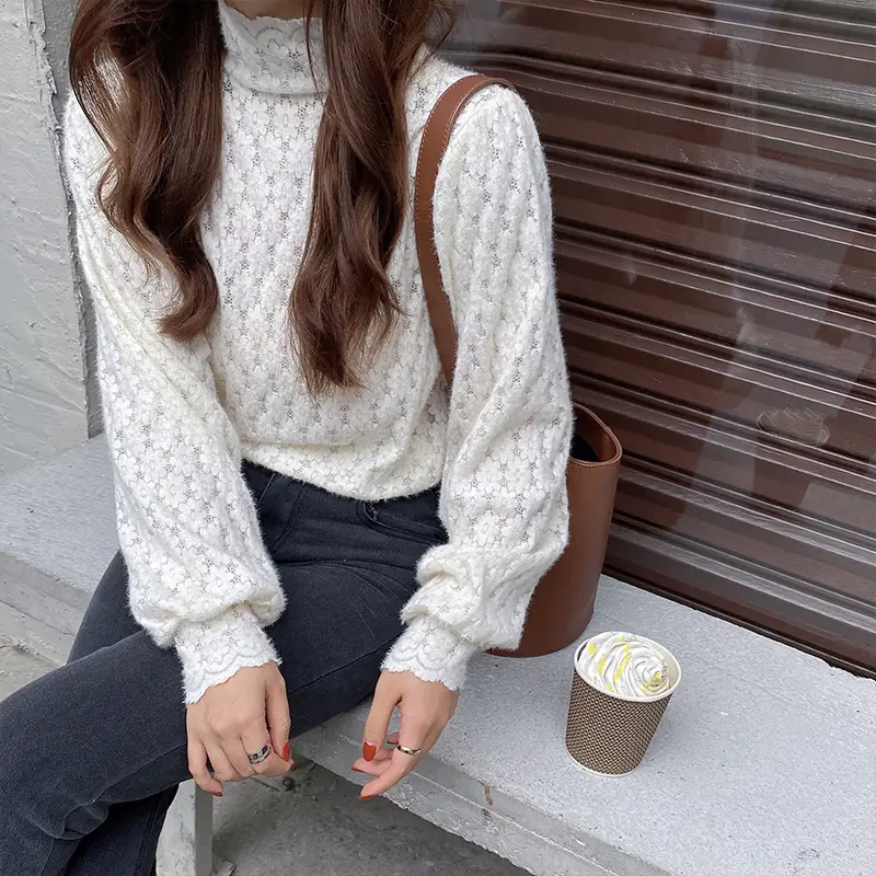 Women's White Lace Collar Puff Sleeve Shirt 2021 Spring - Image 6