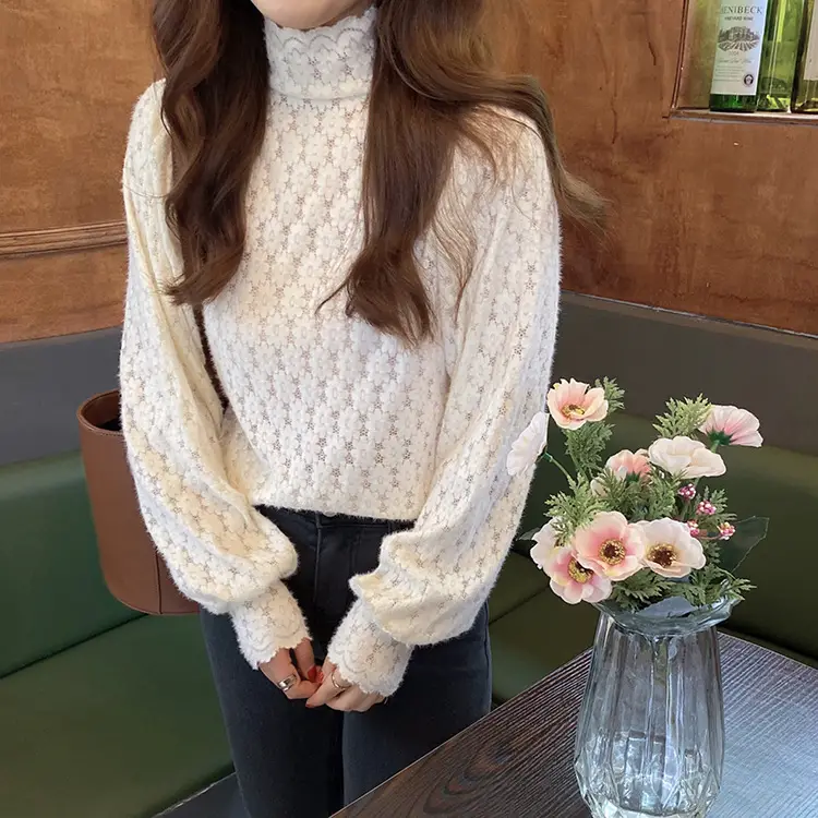 Women's White Lace Collar Puff Sleeve Shirt 2021 Spring - Image 8