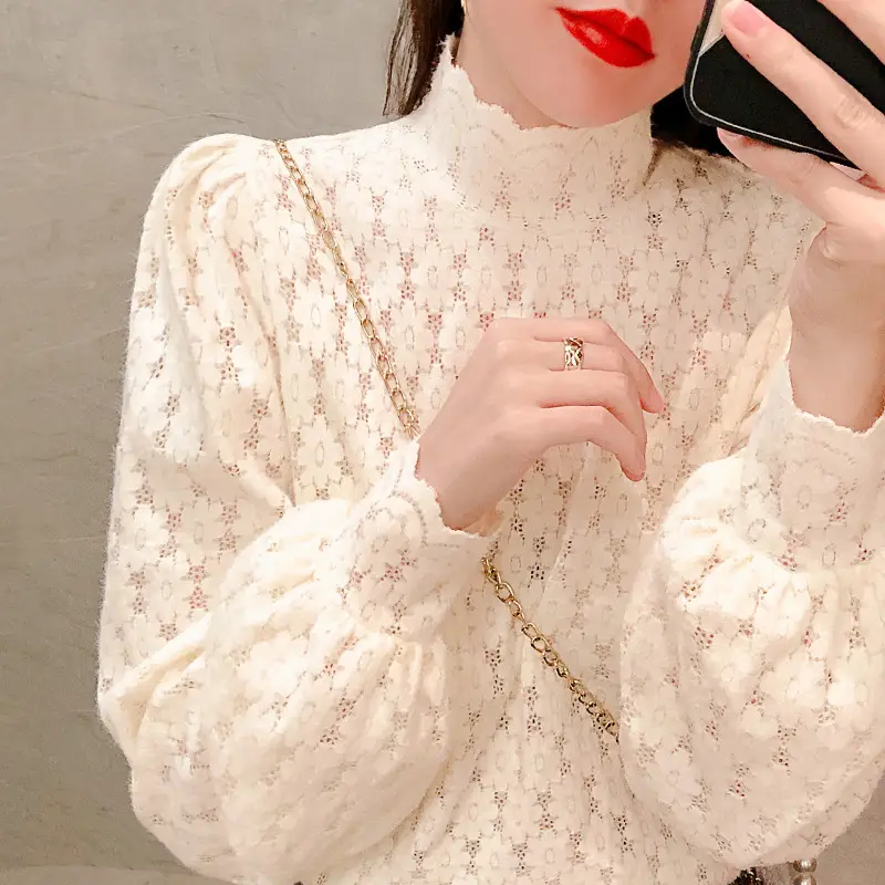 Women's White Lace Collar Puff Sleeve Shirt 2021 Spring - Image 2