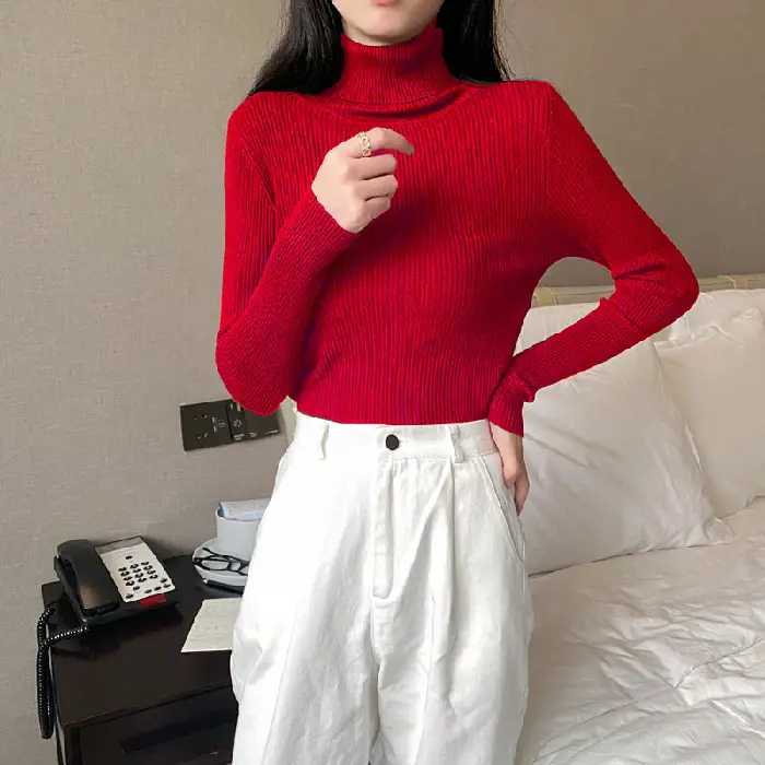 Women's High Collar Solid Color Sweater Top - Image 10