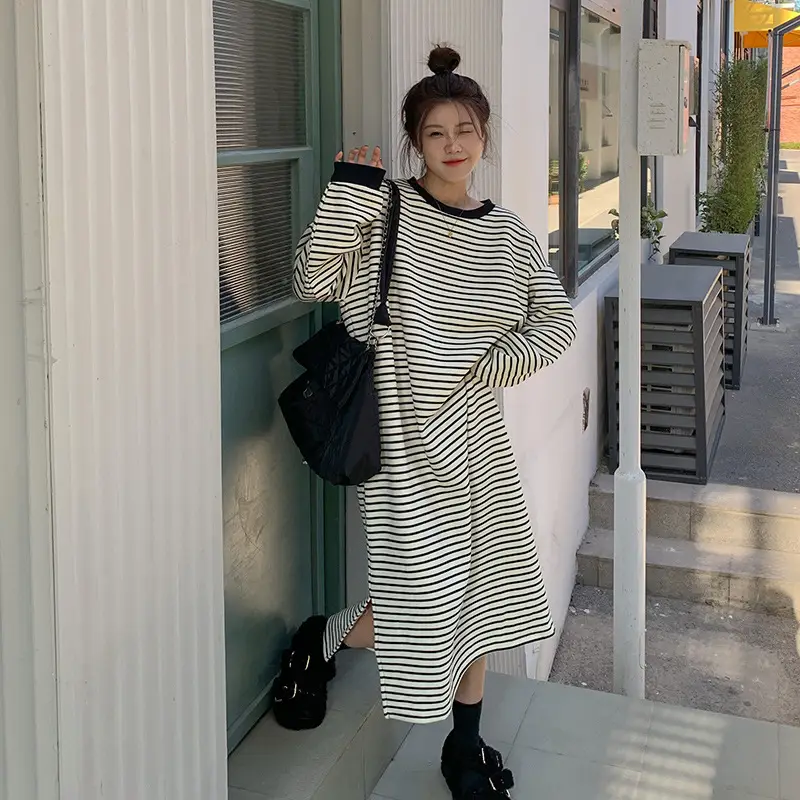 2025 Lazy Oversize Striped Fleece Lined Dress