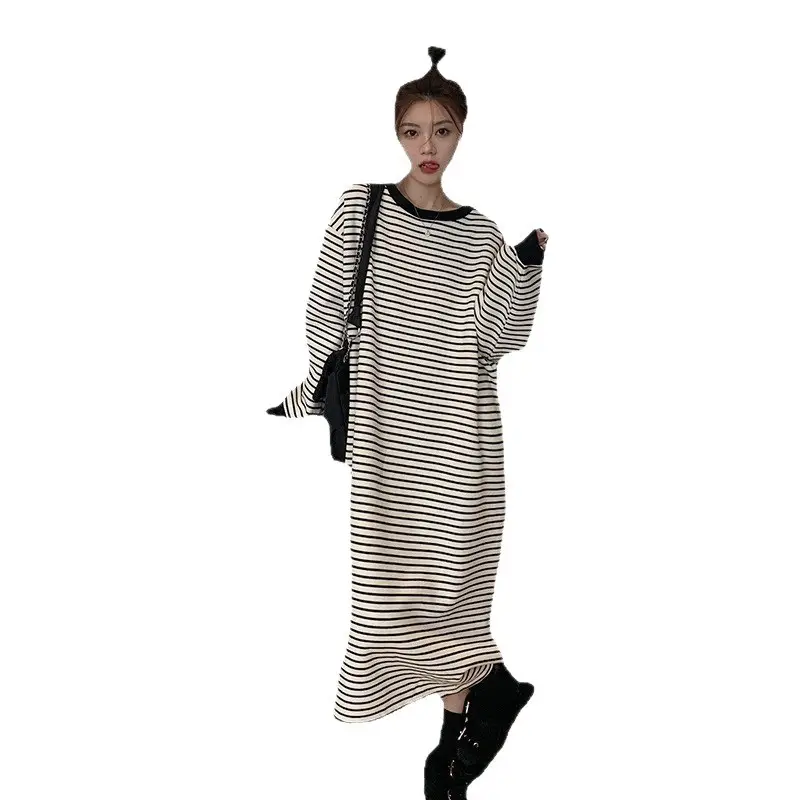 2025 Lazy Oversize Striped Fleece Lined Dress