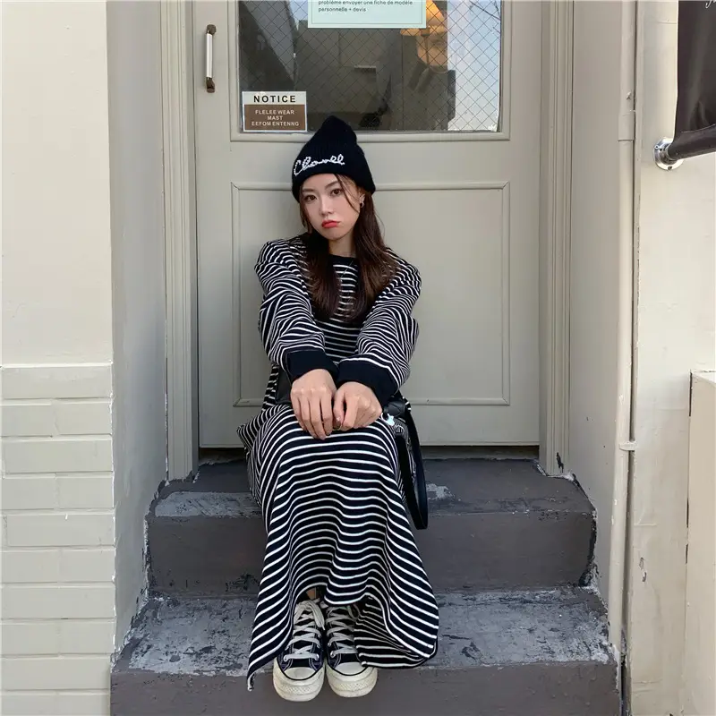 2025 Lazy Oversize Striped Fleece Lined Dress — feature 8
