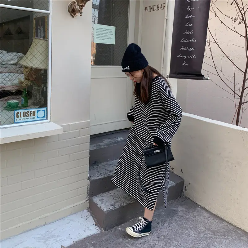 2025 Lazy Oversize Striped Fleece Lined Dress — feature 9