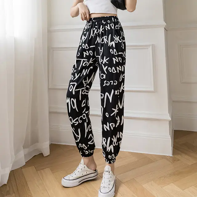 Women Ink Print Jogger Pants White Black Loose Fit - Image 4