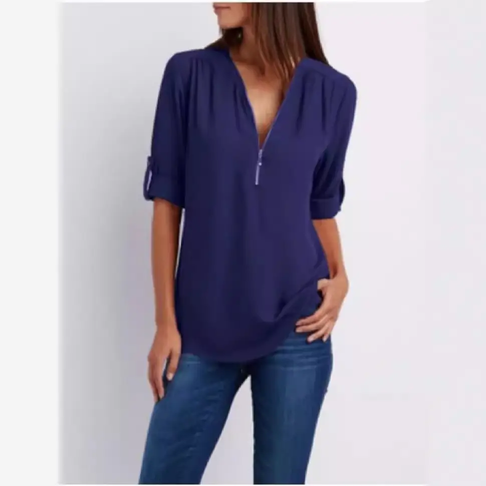 Blue V-Neck Zipper Chiffon Shirt for Women Large - Image 6