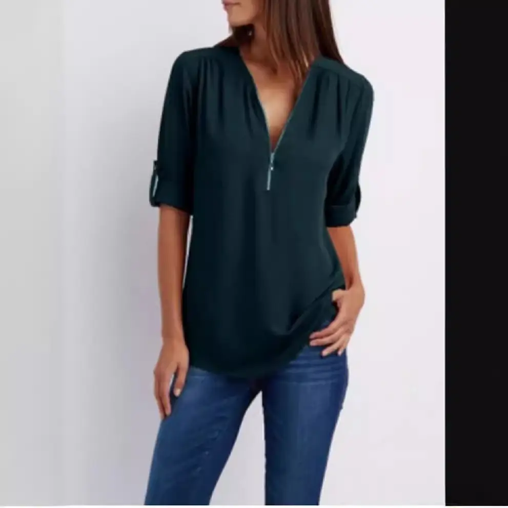 Blue V-Neck Zipper Chiffon Shirt for Women Large - Image 7
