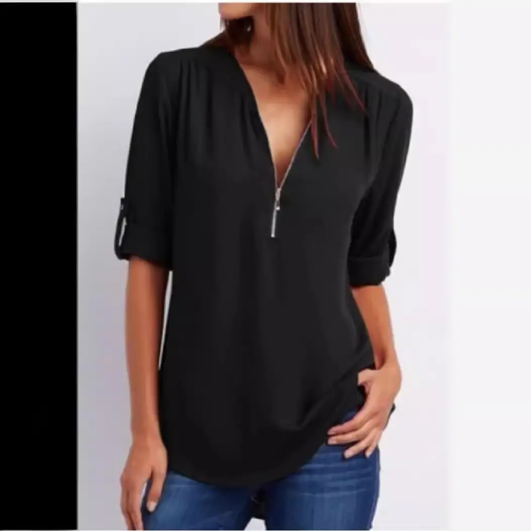 Blue V-Neck Zipper Chiffon Shirt for Women Large - Image 8