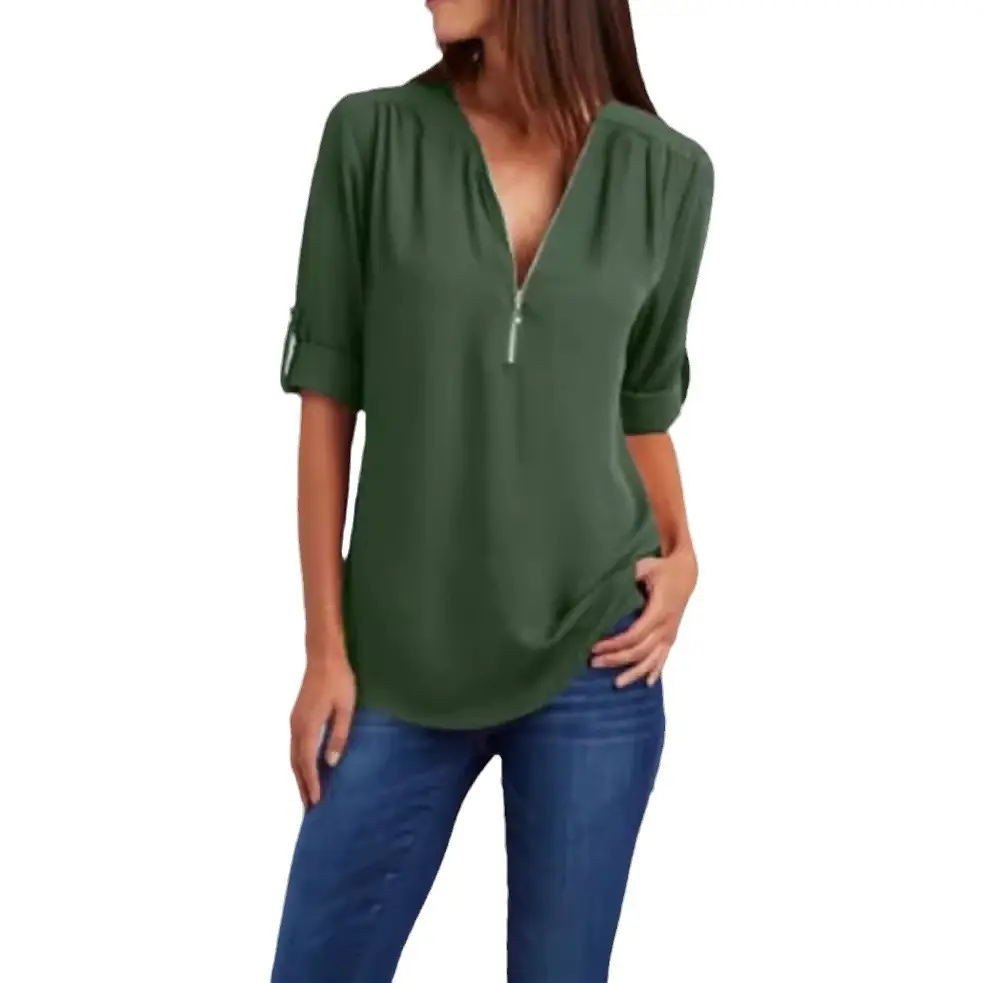Blue V-Neck Zipper Chiffon Shirt for Women Large - Image 9